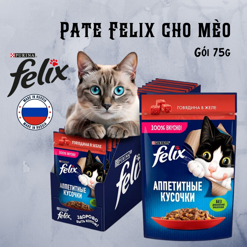 [NHẬP NGA] - PATE FELIX CHO MÈO GÓI 75g THỊT BÒ GÀ VỊT CÁ ĐỦ VỊ