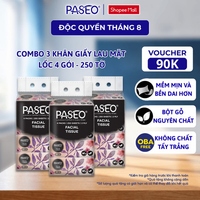 [Combo 3 Lốc 12 Gói] Khăn Giấy Lau Mặt PASEO 250 Tờ/Gói Mềm Mịn Không Bụi An Toàn (2 Lớp)