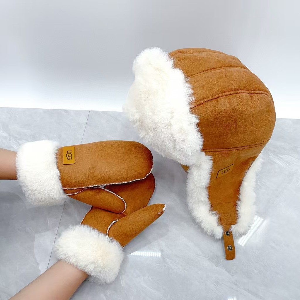 Winter warm fleece-lined aviator hat, cute retro gloves, plush set, unisex, windproof, Korean style