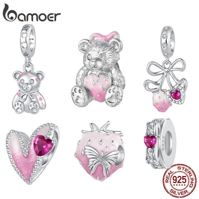 Bamoer Bạc 925 Gấu Trái Tim Starwberry Hồng DIY Cho Vòng Tay Quà Tặng Cho Nữ