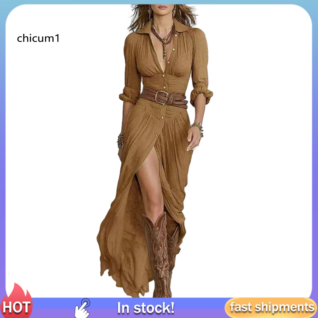 Chicu| Đầm Maxi Bohemian Nữ Bohemian Đầm Boho Đầm Maxi Nữ Có Thắt Lưng Cổ Chữ V Dài Tay Khe Cao Cổ Á