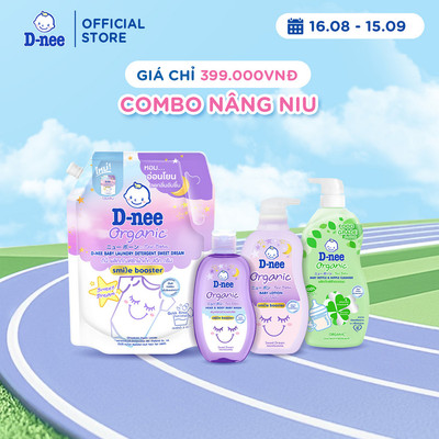 Combo D-nee Giặt 1.3L, Dưỡng Ẩm 300ml, Tắm Gội Toàn Thân 180ml, Rửa Bình 600ml Nâng Niu Cho Bé Từ 0 Tuổi