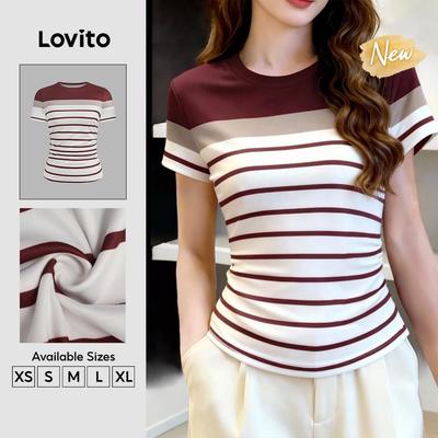 (New Arrival) Lovito Áo thun nữ mùa xuân/hè màu nâu họa tiết caro phối màu thoải mái mà vẫn phong cách TSB201P1D563