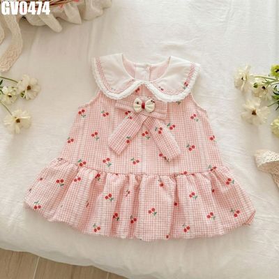 Váy Bé Gái Sát Nách Kẻ Ô Họa Tiết Quả Đỏ Cổ Sen Phối Nơ Xinh Xắn MINTSCLOSET GV0474