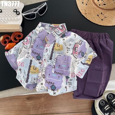 Bộ Sơ Mi Cộc Tay Quần Short Cargo Bé Trai Họa Tiết Graffiti Tím MINTSCLOSET TN3777
