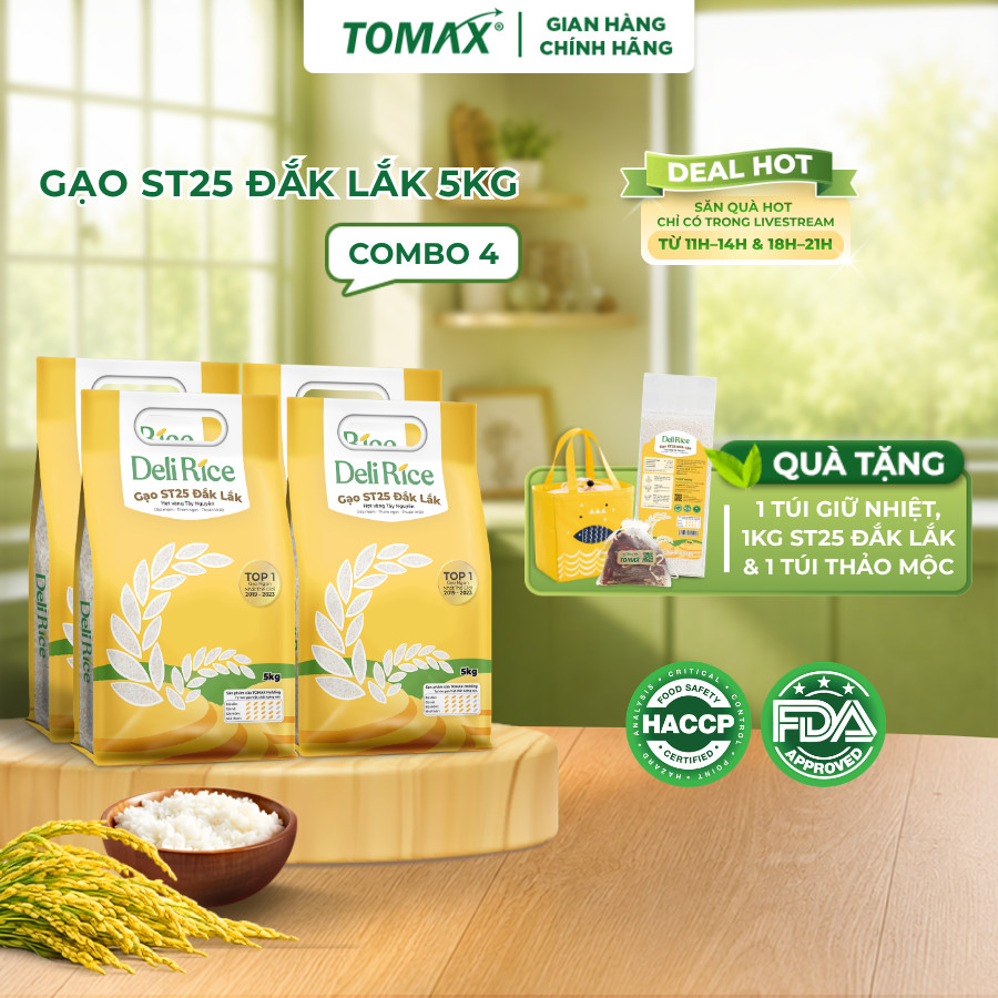 Combo 4 Túi Gạo ST25 Deli Rice 5kg Thượng Hạng, Dẻo Thơm Tự Nhiên, Vị Ngon Hòa Quyện - TOMAX