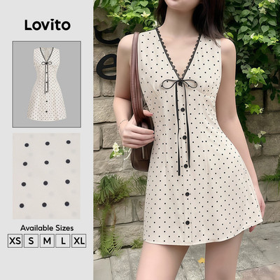 (New Arrival) Lovito Váy thường ngày buộc dây nơ phía trước hoa văn mùa xuân/hè màu đen trắng cho nữ DRB201P1D530