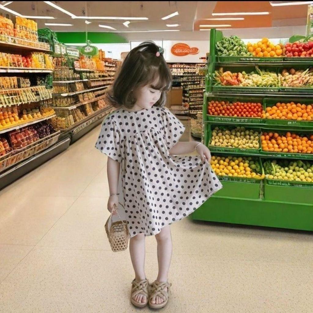 [Hàng mới về] Đầm bong bóng chấm bi công chúa mùa hè phong cách mới cho bé gái Trung nhỏ tay ngắn Slim-Fit