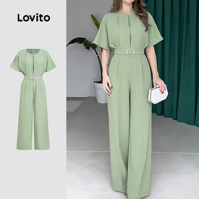 Áo liền quần nữ Lovito xanh lá xuân hè xếp ly thanh lịch LK6LD081