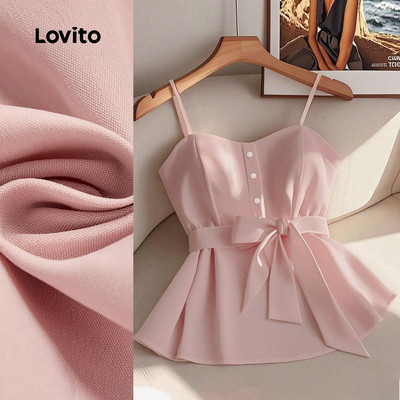 (Phong cách thường ngày) Lovito Áo nữ nhẹ nhàng thắt dây lưng nút cài phía trước dáng xuân/hè màu hồng kiểu dáng L150ED614