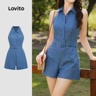 (New Arrival) Lovito Bộ liền nữ dáng suông có đai thắt thiết kế cúc cài phong cách thường ngày mùa xuân/hè màu xanh dương L195AD218