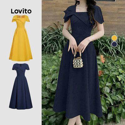 Lovito Đầm thanh lịch bất đối xứng xuân/hè màu xanh dành cho nữ L154ED564