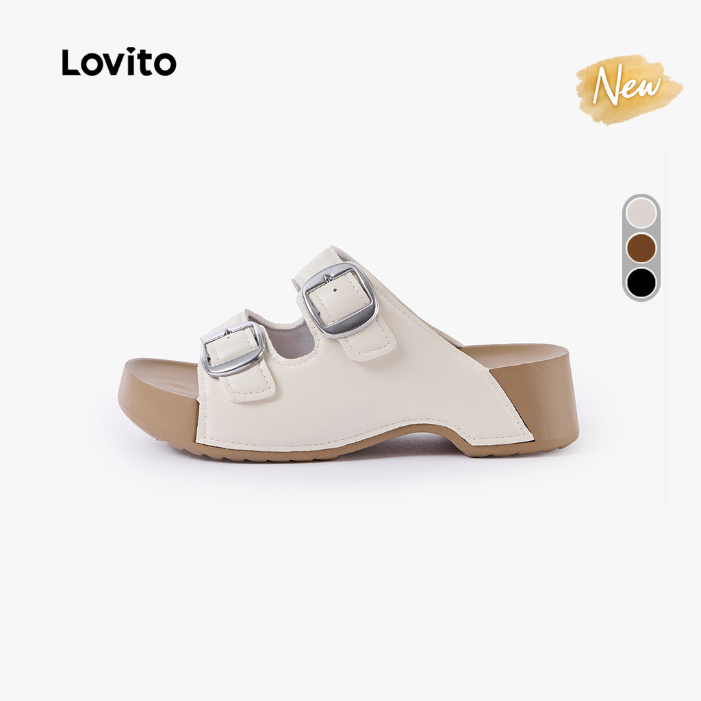 (New Arrival) Lovito Sandal Đế Bằng Kiểu Hàn Quốc Khóa Kim Loại Kiểu Dáng Đơn Giản Màu Trắng Dành Ch