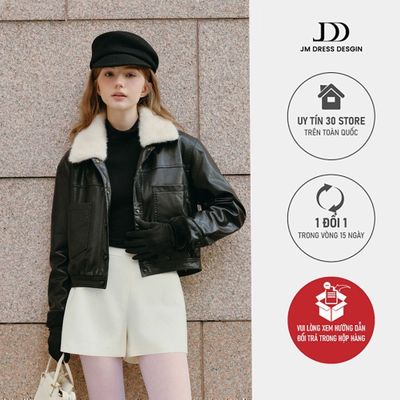 Áo Da Cổ Lông 5C11.2512. Áo Khoác Da Nữ Lót Lông Dáng Croptop Urban Chic. Áo Khoác Da Lót Lông Cao Cấp Thiết Kế Bởi JM