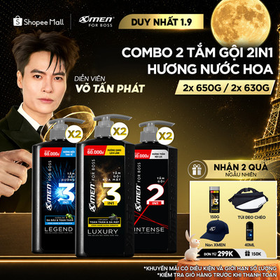 Combo 2 Tắm Gội X-Men for Boss 630g 650g/chai Luxury/Intense/Legend, Hương Nước Hoa Châu Âu