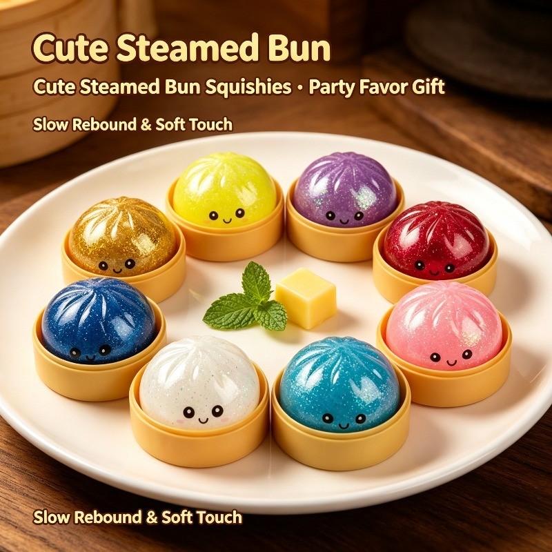 Đồ chơi Squishy Pectin Bun lấp lánh vàng với máy hấp Mini, Trò chơi thực phẩm mô phỏng dễ thương, Đồ