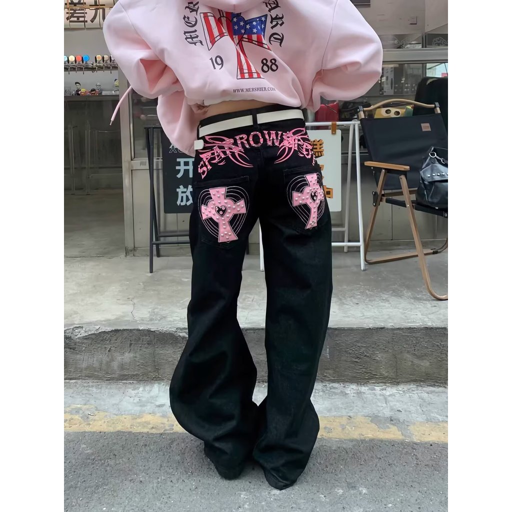 JADED LONDON Âu Mỹ Hợp Thời Trang Phong Cách Retro Cánh Đeo Chéo Nam Nữ Thẳng Ống Rộng Quần Jeans