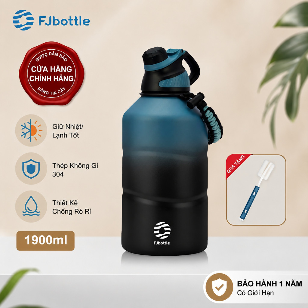 FJbottle1900mlThermalWaterBottleLargeCapacitySportsThermalWaterBottleWithCarryStrap, Bao gồm cọ làm 
