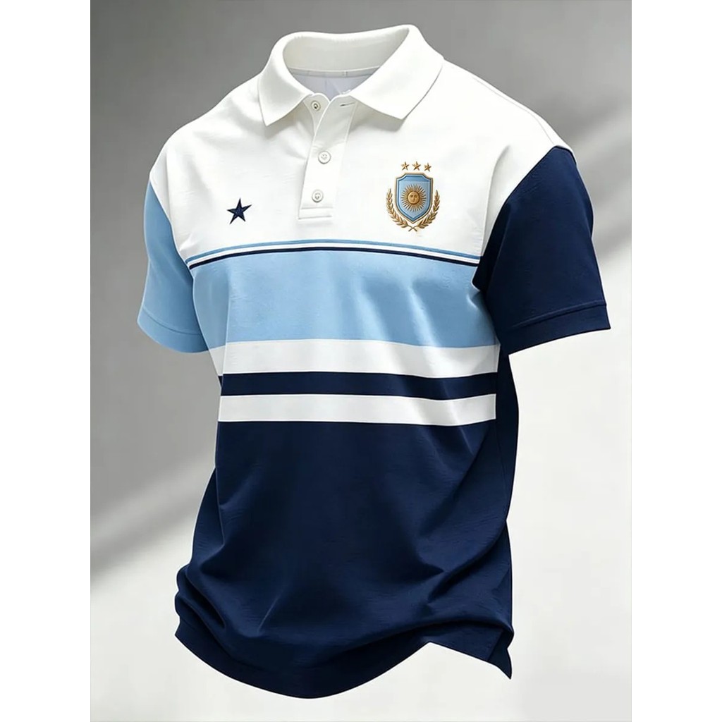 Argentina 3 sao Sun of May Crest Color Block Stripe Graphic Áo sơ mi Polo nam tay ngắn, Trang phục q