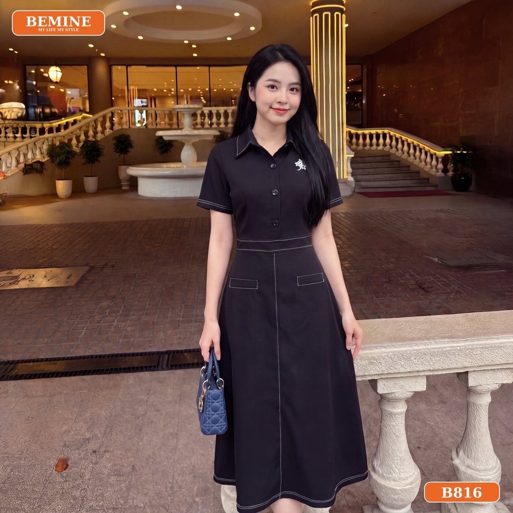 Đầm thiết kế BEMINE cổ sơ mi chạy viền chỉ nổi dáng chữ A phù hợp đi làm-B816
