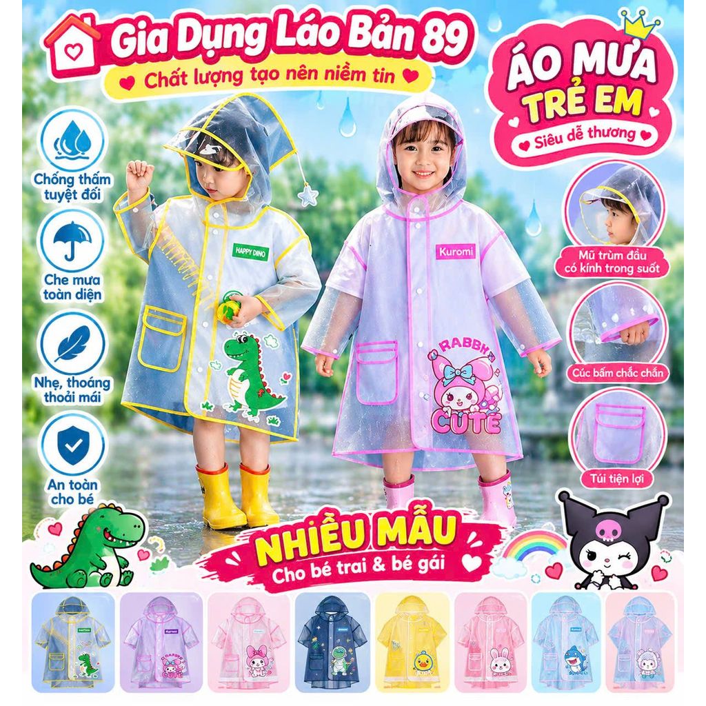 Áo Mưa Trẻ Em Chống Thấm, Áo Mưa Cho Bé Đi Học Thiết Kế Dễ Thương,Tiện Lợi, An…