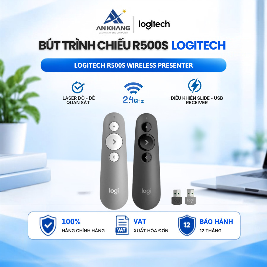 Bút Trình Chiếu Logitech R500s Màu Xám/ Đen– Laser Đỏ, Không Dây 20m, Bluetooth & 2.4GHz
