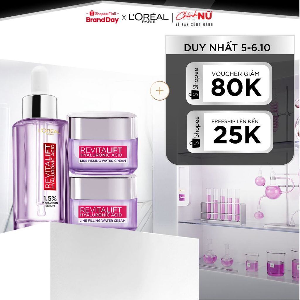 Bộ Serum 30ml và 2 kem dưỡng siêu cấp ẩm và giảm nếp nhăn 15ml x2 L'Oreal Paris Revitalift HA 1.5%