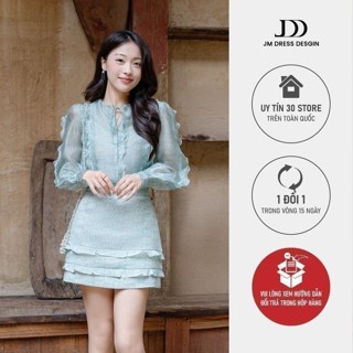 Set áo voan tay dài buộc dây bèo ngực 2R07.2505OG + chân váy A ngắn bèo tầng 4R04.2505OG – Set váy áo tiểu thư JM Dress