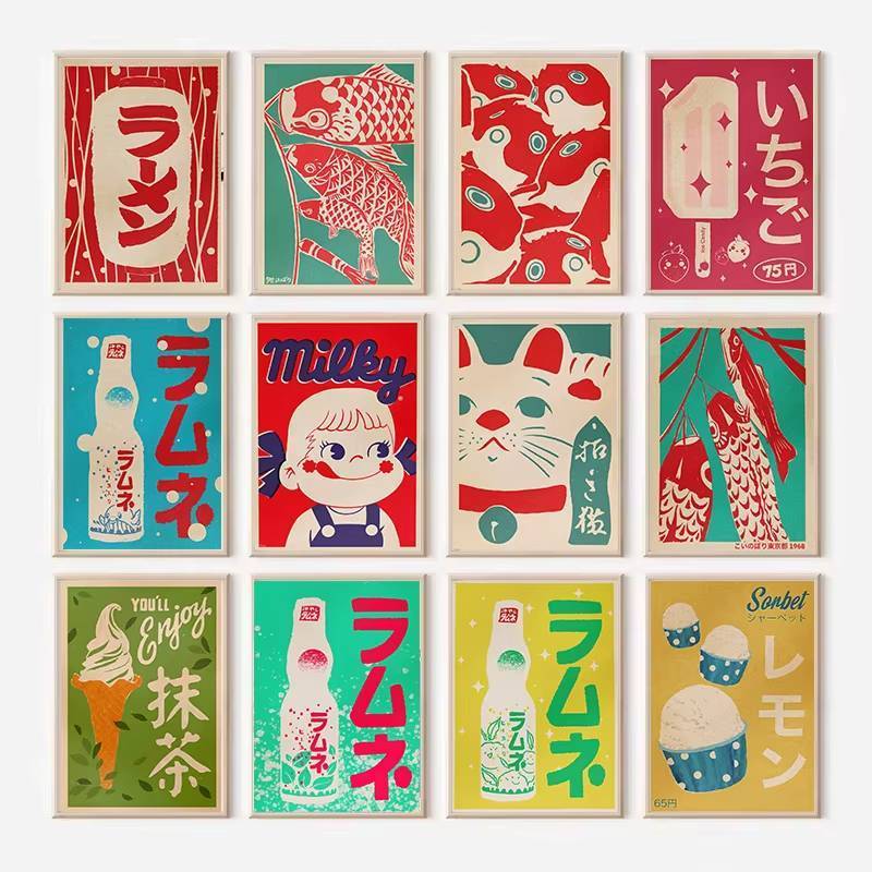 Dễ Thương Nhật Bản Thực Phẩm pop Nghệ Thuật latte Mèo May Mắn matcha retro poster canvas Tranh Tường