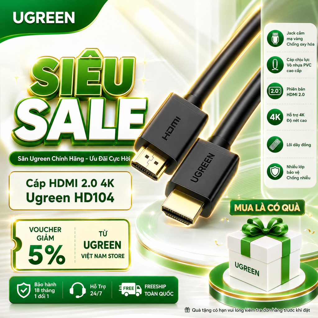 Cáp HDMI 2.0 Ugreen HD104 Hỗ Trợ 4K60hz Băng Thông 18 Gbps Chân Cắm Mạ Vàng BH…