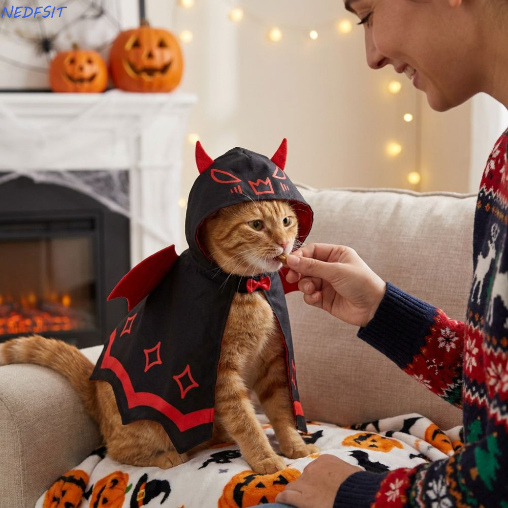 NEDFSXG Halloween Cat Devil Bat Cloak, Áo choàng thú cưng cánh đỏ Satin đôi có thể điều chỉnh, được 
