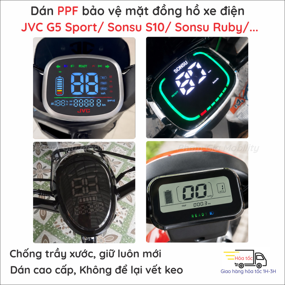 Miếng dán PPF màn hình đồng hồ xe điện JVC G5 SPORT/ JVC G9/ Sonsu S10 Ruby trong, nhám cao cấp tự p