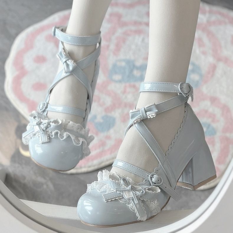 Giày Lolita mới ngọt ngào dành cho nữ, giày cao gót Lolita Mary Jane họa tiết hoa, gót vừa, chất liệ