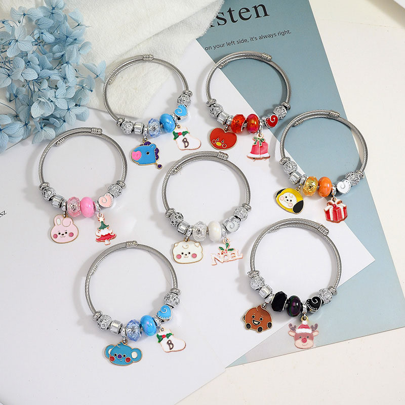 XiaoboACC Thiết Kế Ban Đầu Thép Không Gỉ Vòng Tay Giáng Sinh Nữ Cá Tính Hoạt Hình BT21 Charm Lắc Tay