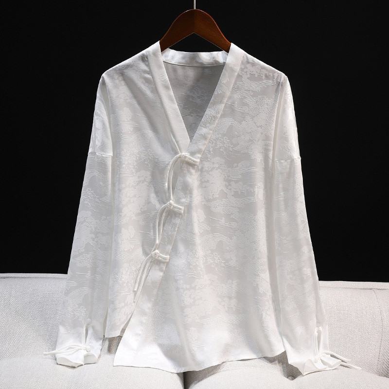 Real Shot Cross-Collar Jacquard Áo Sơ Mi Pony Váy Máy Bay Tay Áo Sơ Mi Phong Cách Trung Quốc Mới
