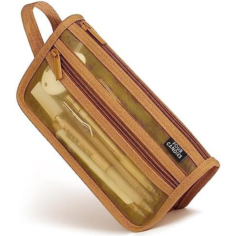 Four Candies Grid Mesh Pencil Case with Handle and Zipper, Clear Double-layer Pencil Pouch Marker Po
