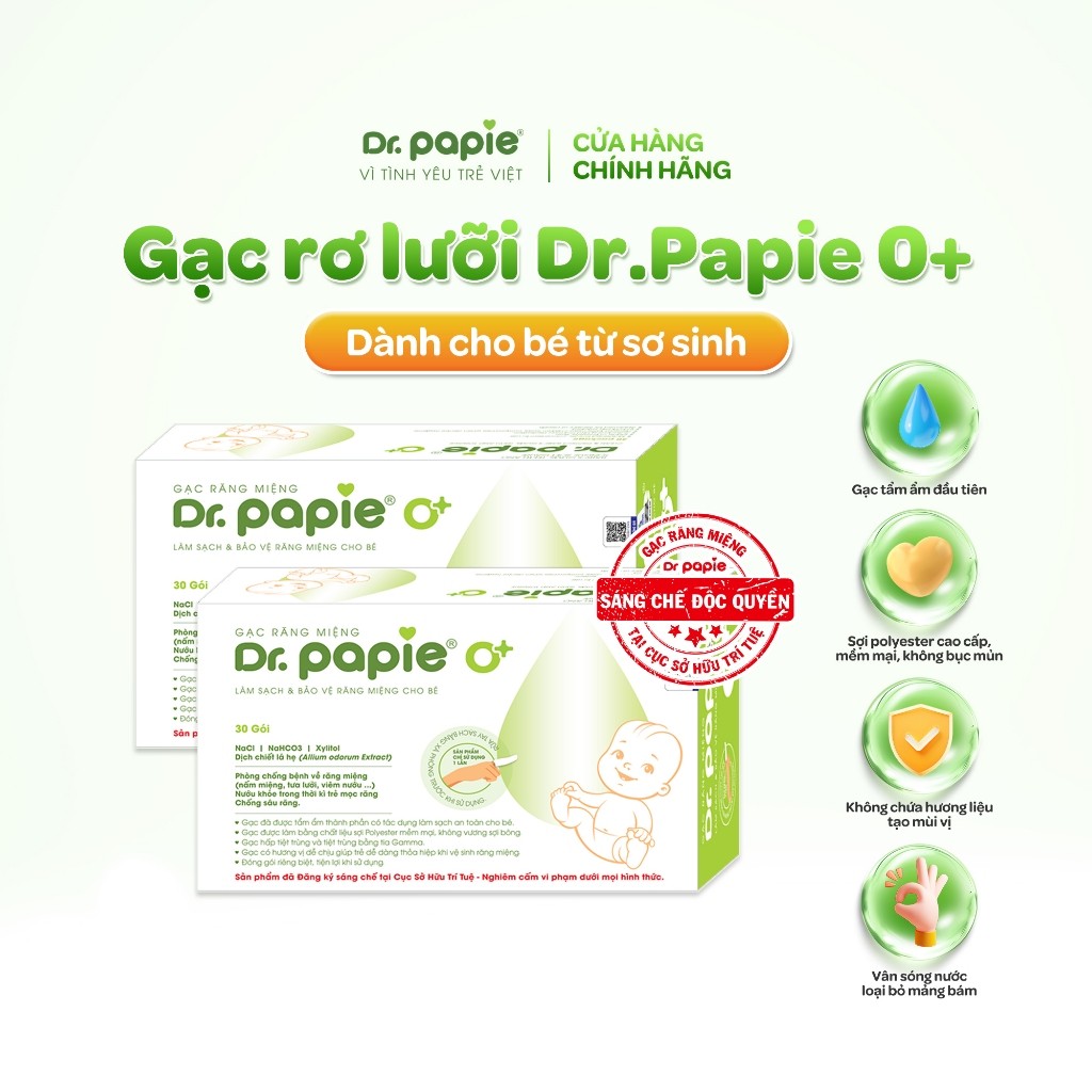 Combo 2 Gạc Rơ Lưỡi Làm Sạch Răng Lưỡi Nướu Công Thức Sáng Chế Độc Quyền Dr.Papie 0+ Ngừa Tưa Lưỡi N