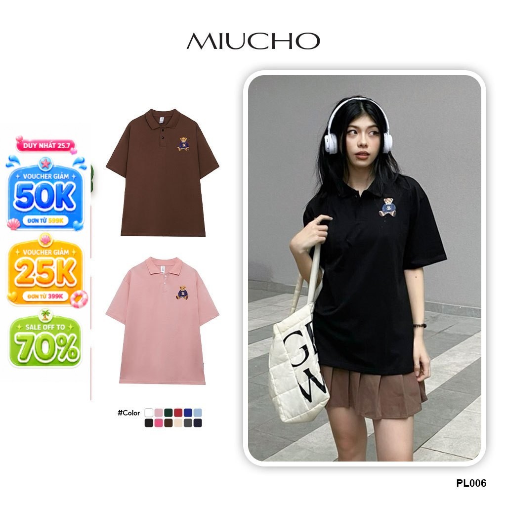 Áo polo nữ hình gấu form rộng có cổ đẹp chất cotton form unisex PL006 Miucho in hoạ tiết
