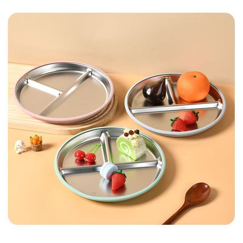 Kids Stainless Steel Plate with Silicone Suction Base Baby Food Tray Anti-Slip Thermal Rice Plate 30