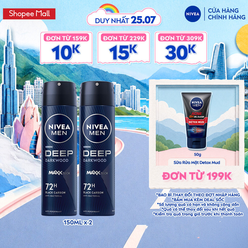 Bộ 2 Xịt Khử Mùi Than Hoạt Tính NIVEA MEN Deep - Hương Gỗ Đen (150 ml) - 80027x2 | BigBuy360 - bigbuy360.vn