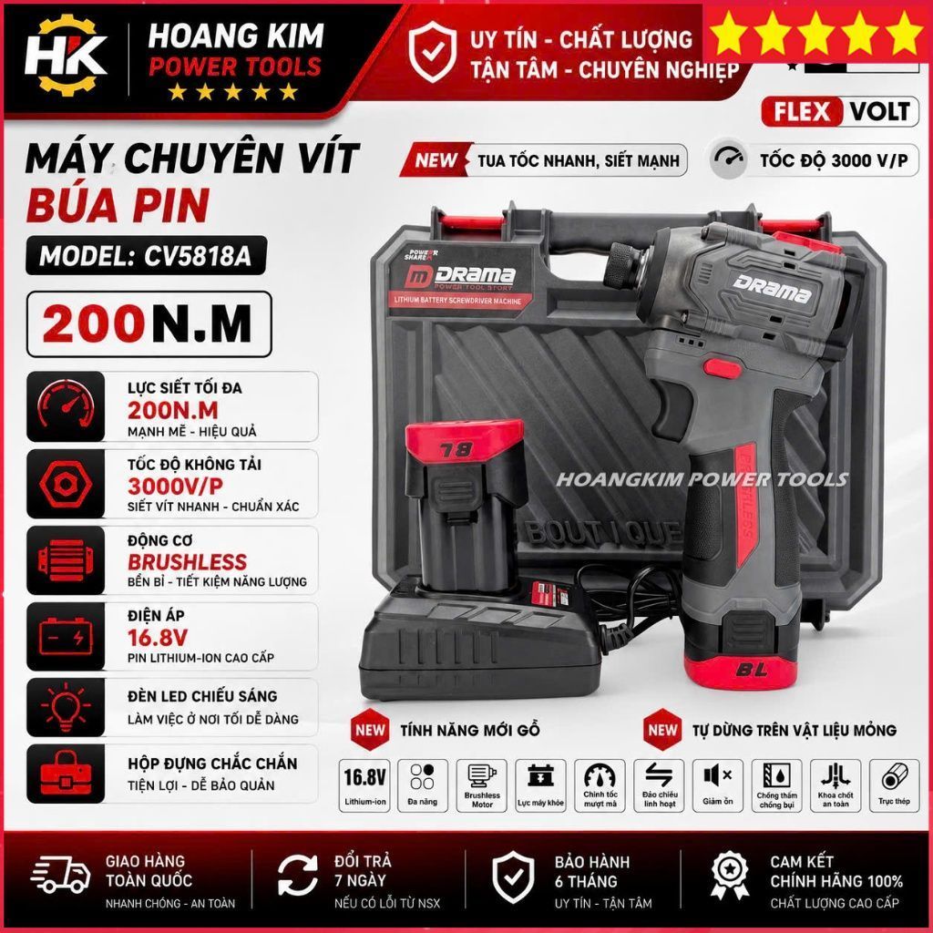 Máy chuyên vít búa pin DRAMA CV5818A, Không chổi than, Lực siết 200NM, Tốc độ 3000 v/p, Chính hãng
