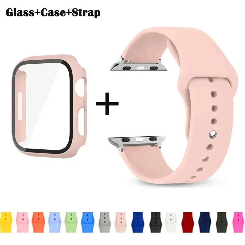 Kính + Vỏ + Dây đeo cho Apple Watch Band 42mm 44mm 41mm 40mm 38mm 45mm 49mm Tấm bảo vệ màn hình cho 