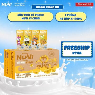 Thùng 48 Hộp NuVi Thức Uống Sữa Tươi Tiệt Trùng Vị Chuối Có Thạch 170ml
