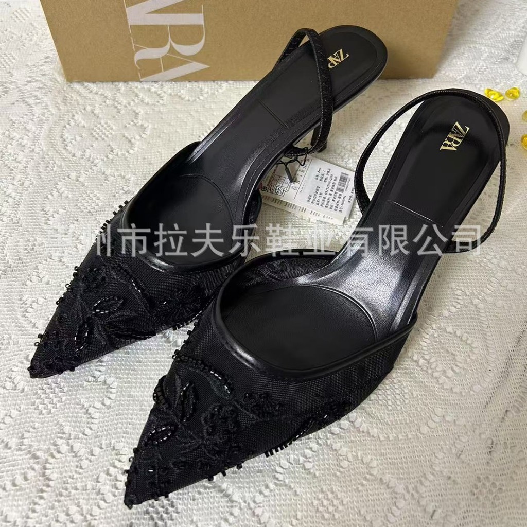 ZARA New autumn and winter white embroidered mesh stiletto heel open-back mules pointed toe low-cut 