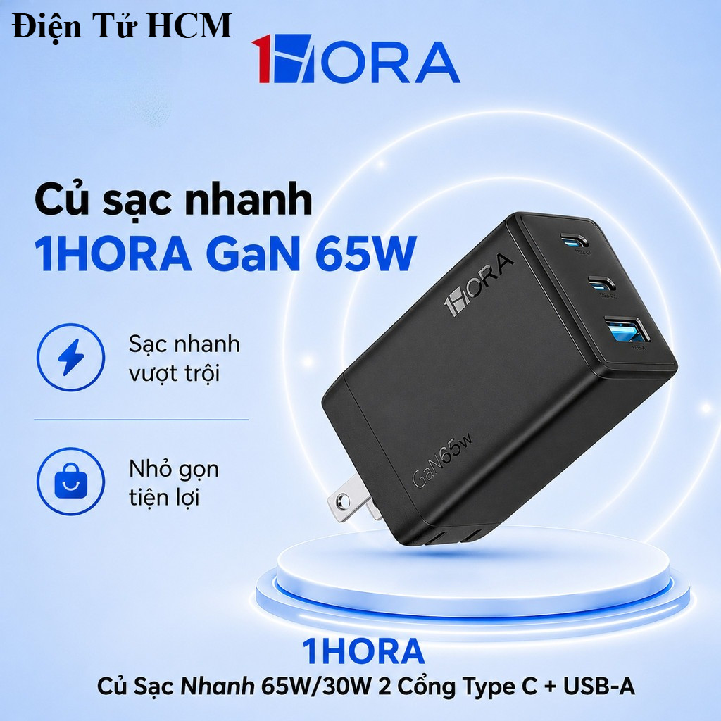 Củ Sạc Nhanh 1HORA GaN 65W/30W 2 Cổng Type C + USB-A - Sạc Nhanh - BH 12 Tháng