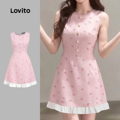 Đầm nữ Lovito hồng xuân hè dây kéo nút trước ghép vải phong cách thường ngày L189ED019