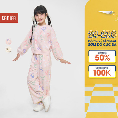 Bộ quần áo dài tay bé gái CANIFA chất nỉ da cá dày quần ống suông in hình Mickey 1ST25W005