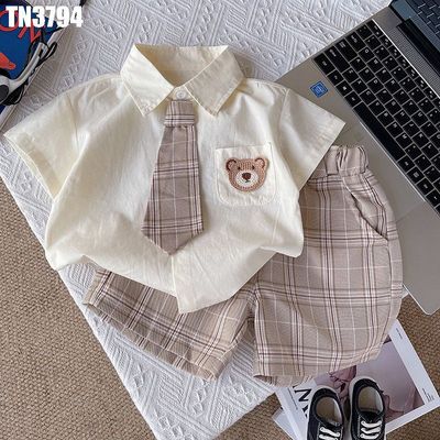 Bộ sơ mi bé trai MINTSCLOSET thêu gấu phối quần short caro lịch sự TN3794