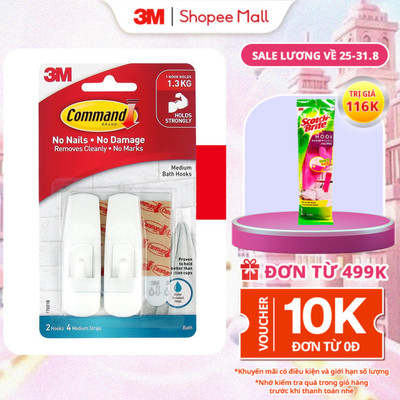 Móc dán tường chống thấm nước 3M™ Command™, 17001B, bám cực chắc, chịu lực 1.3kg, vỉ 2 cái, Dùng sắp xếp nhà tắm