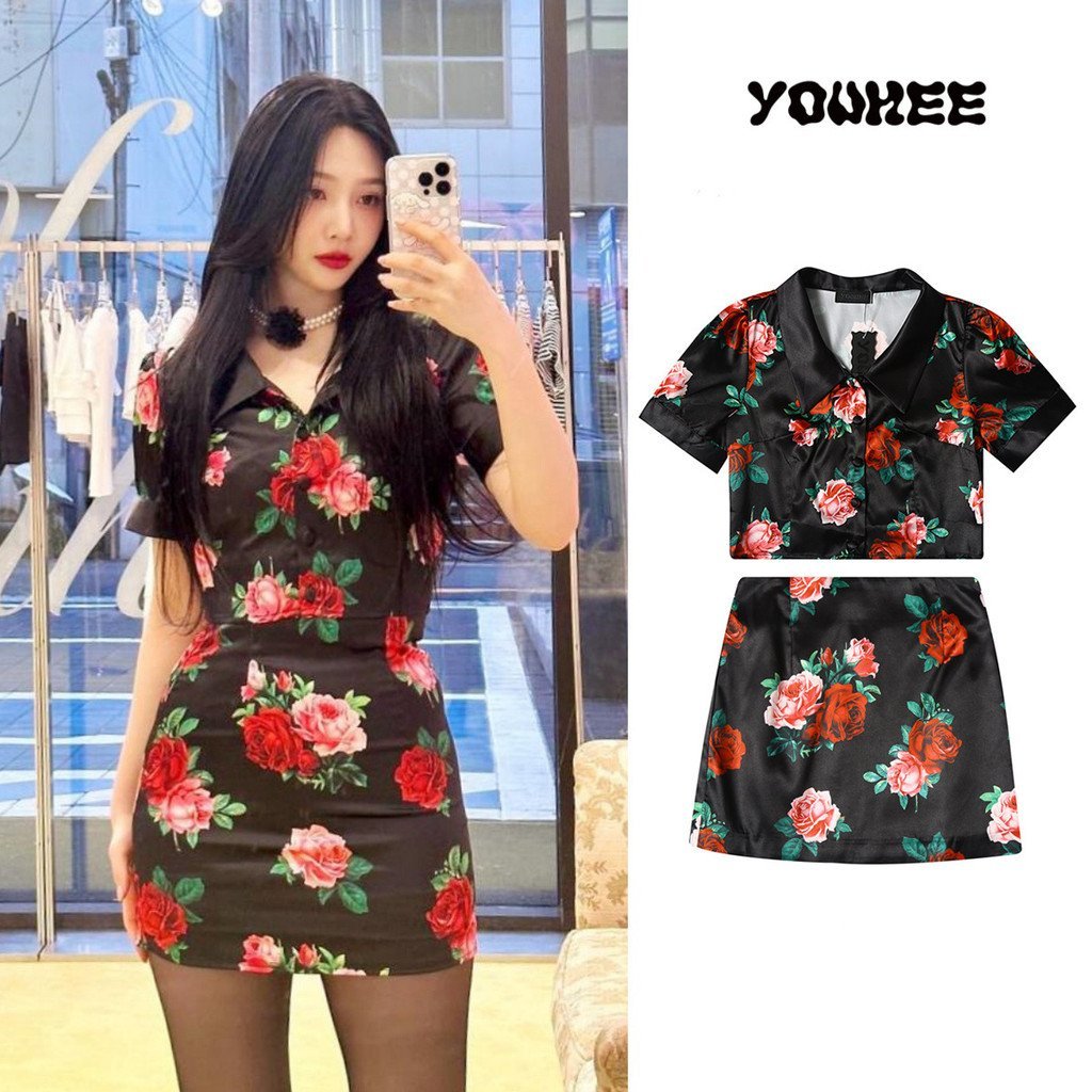 UARD Park Soo Young's style YOUHEE Korean rose print slim-fit short-sleeve shirt and mini skirt set 